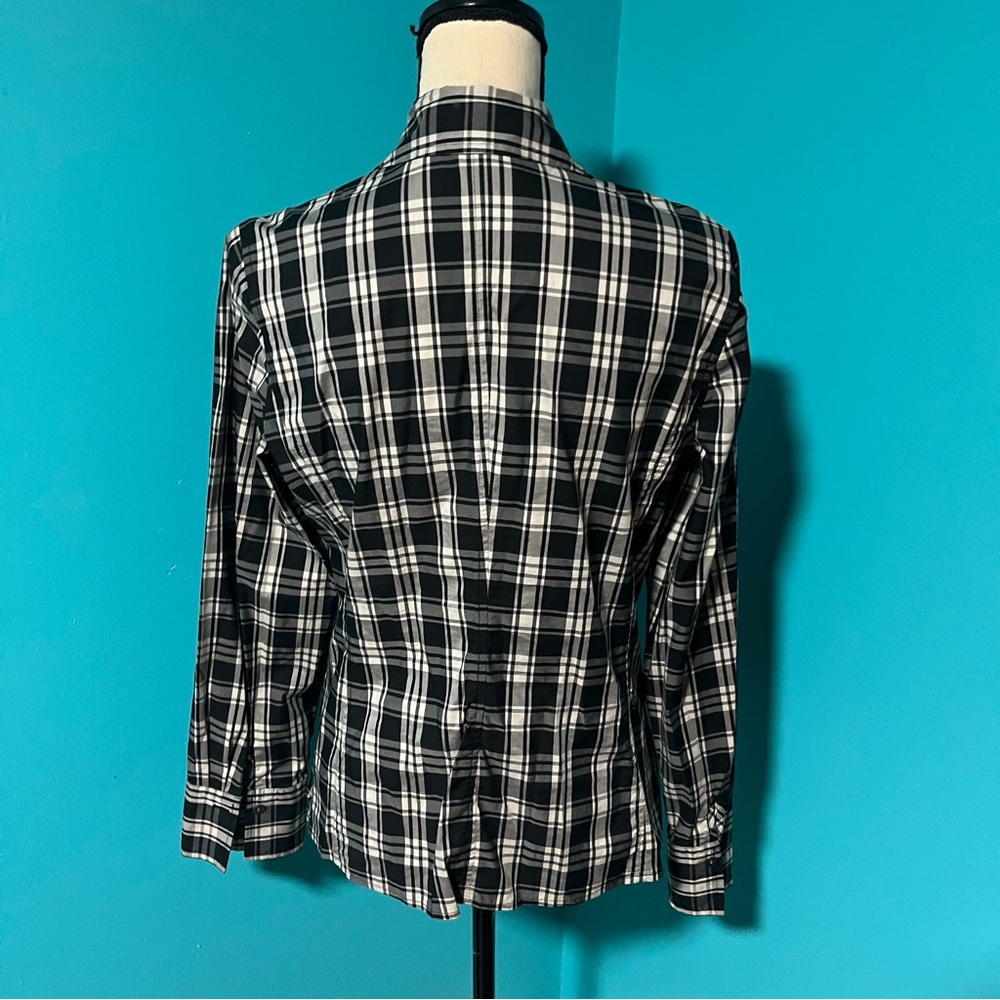 Talbots 12 Black Grey Plaid Faux Wrap Stretch Collared Long Sleeve Top - Picture 4 of 5